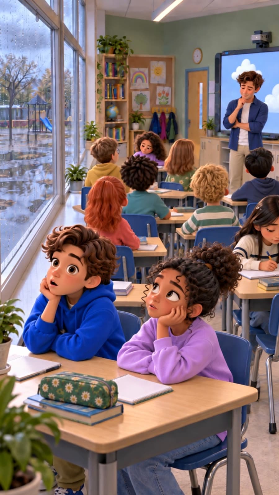 Illustratie: een klas zit stil aan de tafels, twee kinderen staren met hun hoofd in hun handen naar buiten