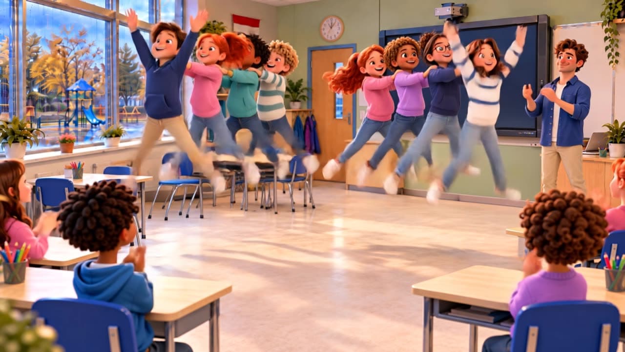 Illustratie: een klas springt tussen de tafels door, de leerkracht moedigt aan